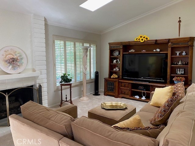 carpeted living room featuring a brick fireplace and ornamental molding