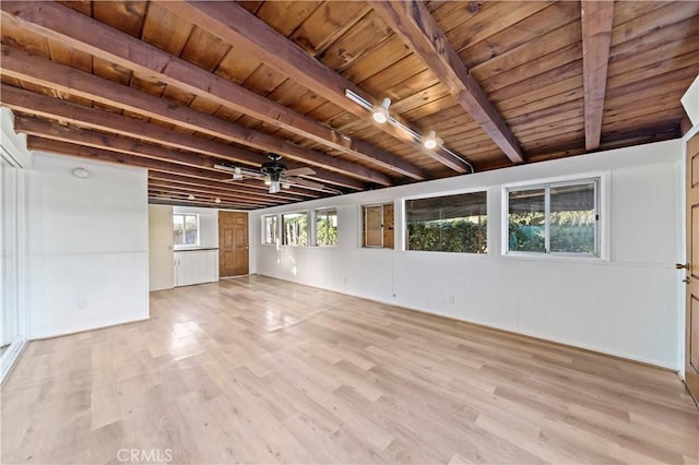 empty room featuring wooden ceiling, beamed ceiling, and light wood-type flooring