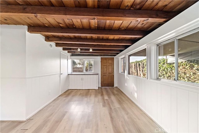 interior space featuring wood ceiling, light hardwood / wood-style floors, rail lighting, and beamed ceiling