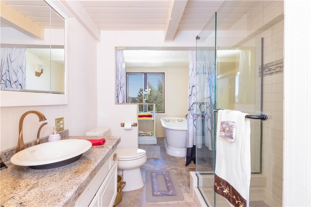 bathroom featuring walk in shower, beamed ceiling, vanity, and toilet