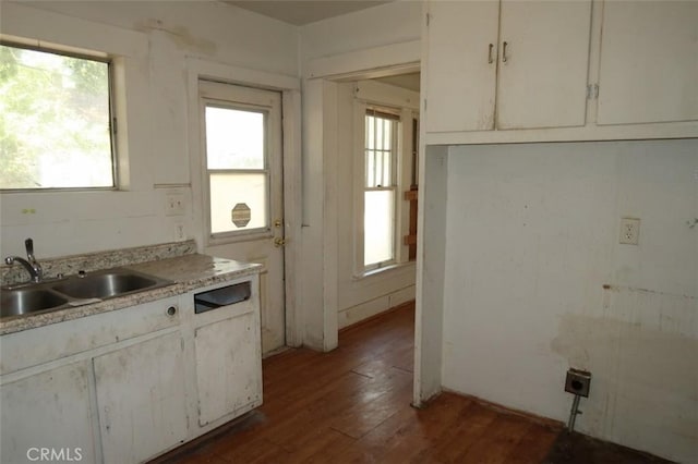 kitchen featuring sink, a healthy amount of sunlight, white cabinets, and dark hardwood / wood-style flooring