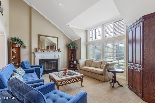 carpeted living room featuring high vaulted ceiling