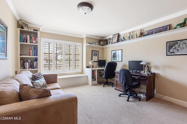 home office featuring crown molding and light carpet