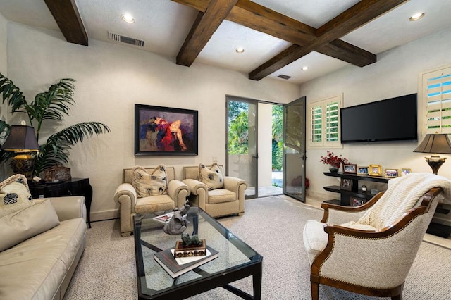 living room with beamed ceiling, carpet, and coffered ceiling