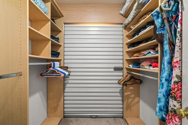 walk in closet with light carpet