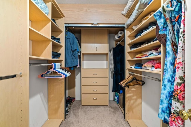 walk in closet featuring light carpet