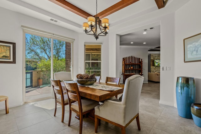 dining room featuring light tile patterned floors, beamed ceiling, and a chandelier