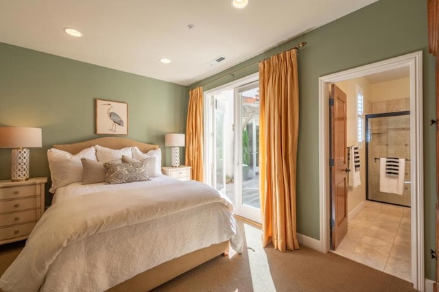 bedroom featuring access to exterior and light tile patterned flooring