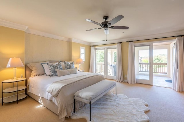 carpeted bedroom featuring access to outside, ceiling fan, and crown molding