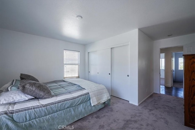 bedroom with carpet flooring, multiple windows, and a closet