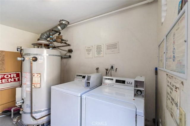 laundry area with water heater and washing machine and clothes dryer