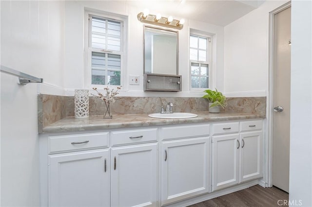 bathroom featuring tasteful backsplash, wood finished floors, and vanity