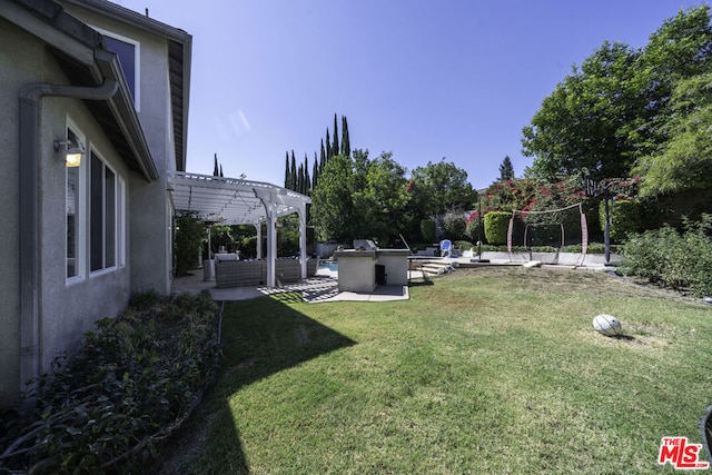 view of yard with a pergola, a patio, and an outdoor kitchen