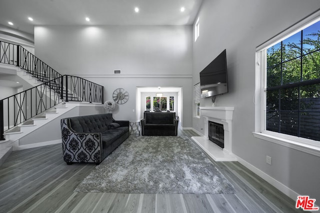 living room featuring dark hardwood / wood-style flooring and a towering ceiling