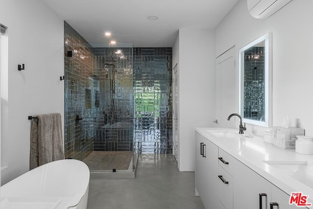 bathroom with a wall mounted air conditioner, vanity, concrete floors, and plus walk in shower