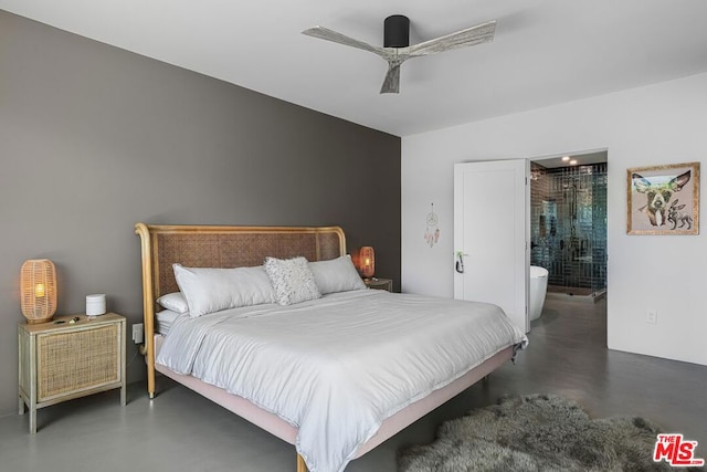 bedroom featuring ensuite bathroom and ceiling fan