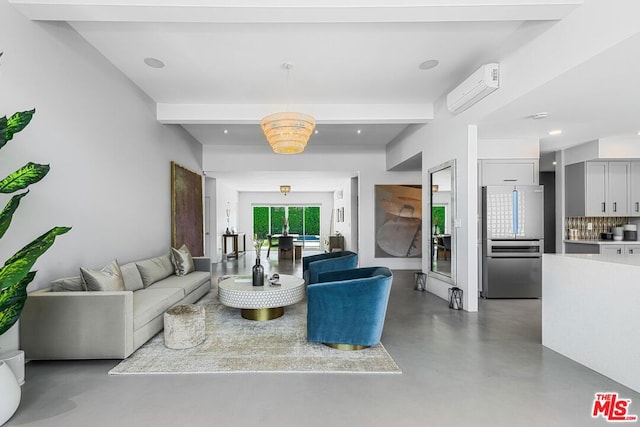 living room with a wall mounted air conditioner, concrete floors, and beamed ceiling