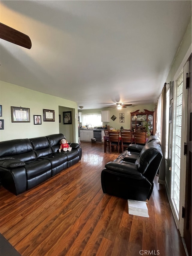 living room featuring ceiling fan and dark wood-type flooring