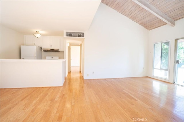 unfurnished living room featuring beamed ceiling, light wood-type flooring, high vaulted ceiling, and wooden ceiling