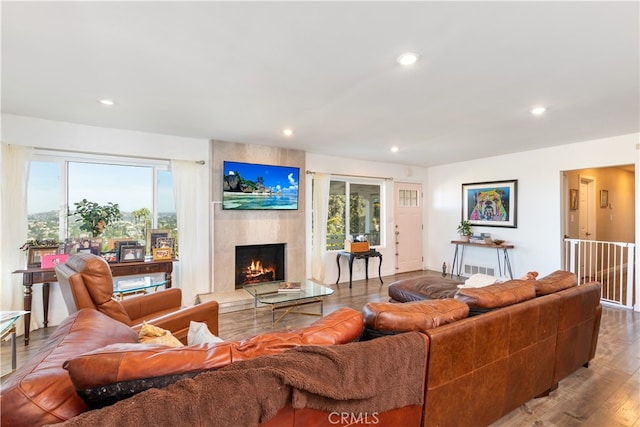 living room with a large fireplace, plenty of natural light, and hardwood / wood-style floors