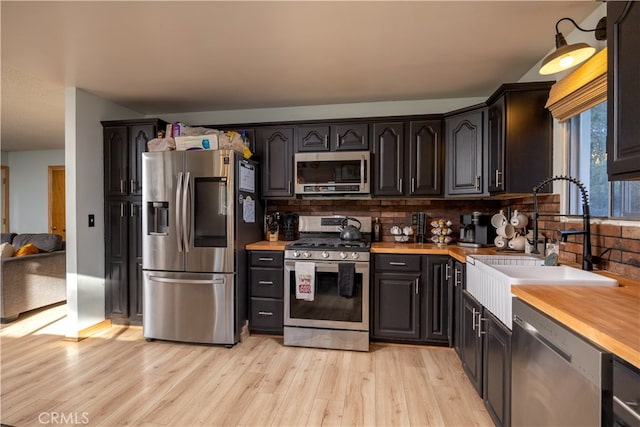 kitchen featuring wood counters, light hardwood / wood-style flooring, and stainless steel appliances