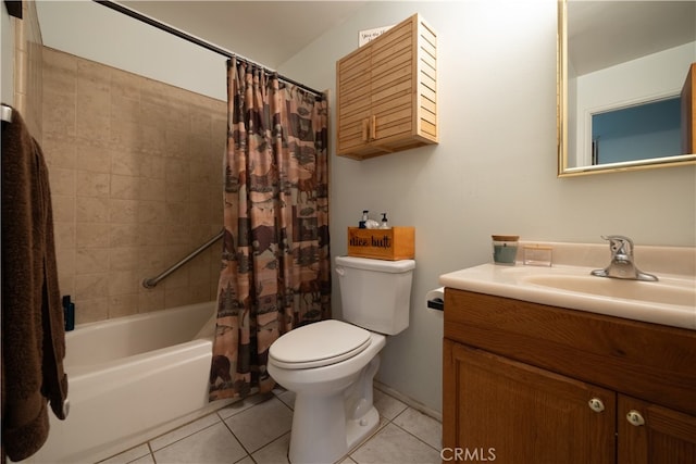 full bathroom with shower / bathtub combination with curtain, tile patterned flooring, vanity, and toilet