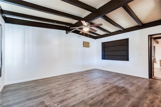 spare room featuring vaulted ceiling with beams, ceiling fan, built in shelves, and wood-type flooring