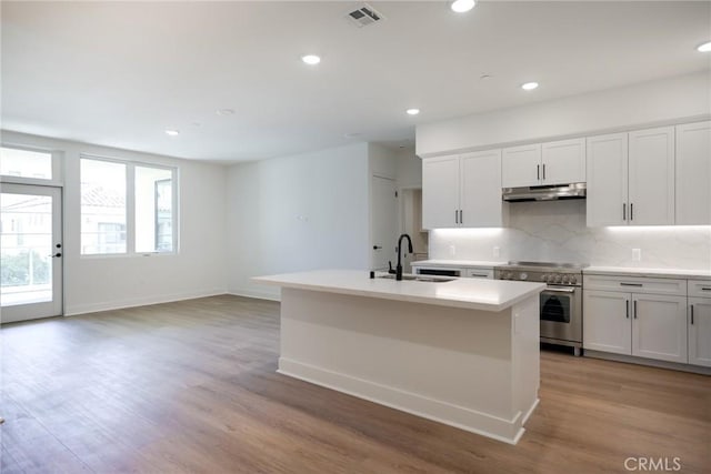 kitchen featuring high end stove, a center island with sink, light hardwood / wood-style floors, and sink