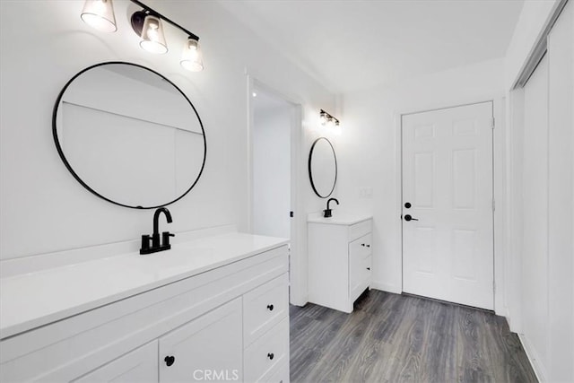 bathroom featuring two vanities, a sink, and wood finished floors