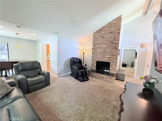 1732 Winston Ave, Upland, CA 91784 - carpeted living room featuring baseboards, a fireplace, and high vaulted ceiling
