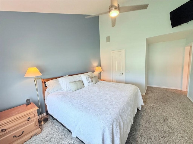 1732 Winston Ave, Upland, CA 91784 - carpeted bedroom with baseboards, high vaulted ceiling, and a ceiling fan