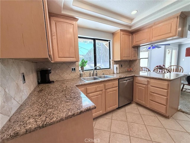 1732 Winston Ave, Upland, CA 91784 - kitchen featuring dishwasher, a sink, light brown cabinetry, a textured ceiling, and recessed lighting