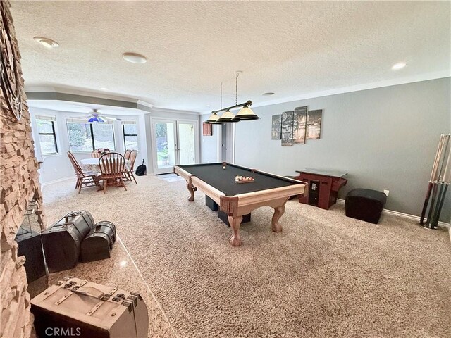 1732 Winston Ave, Upland, CA 91784 - rec room with billiards table, carpet floors, ornamental molding, plenty of natural light, and a textured ceiling