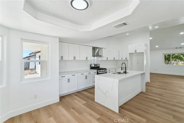 kitchen with white cabinetry, sink, gas stove, wall chimney exhaust hood, and a tray ceiling