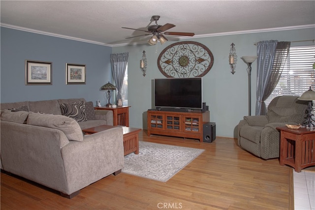 living room featuring light hardwood / wood-style floors, ornamental molding, a textured ceiling, and ceiling fan