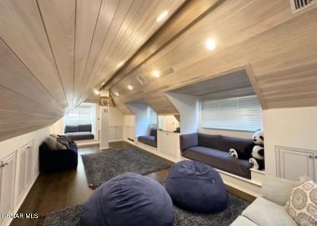 additional living space featuring wooden ceiling, dark hardwood / wood-style floors, and vaulted ceiling