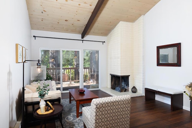 living room with a fireplace, vaulted ceiling with beams, wooden ceiling, and dark wood-type flooring