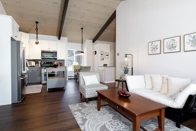 living room featuring lofted ceiling with beams and dark wood-type flooring