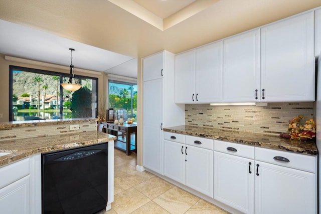 kitchen featuring decorative backsplash, white cabinetry, dishwasher, and pendant lighting