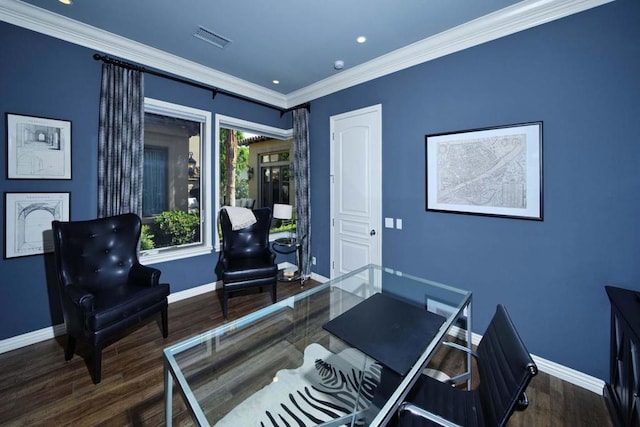 office with crown molding and dark hardwood / wood-style flooring