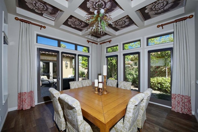 dining area with beam ceiling, plenty of natural light, and coffered ceiling