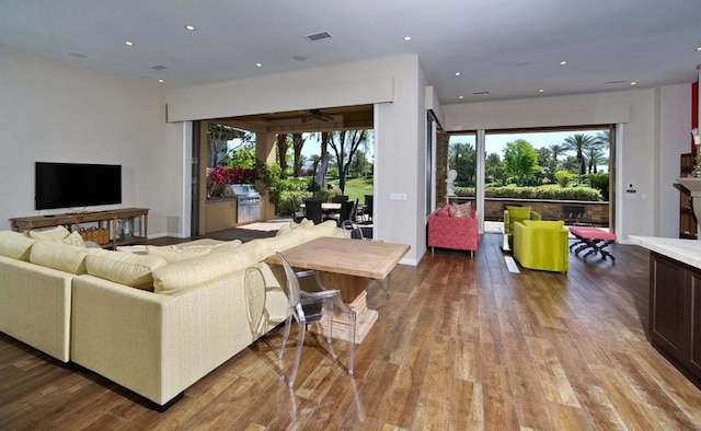 living room with hardwood / wood-style flooring, plenty of natural light, and ceiling fan