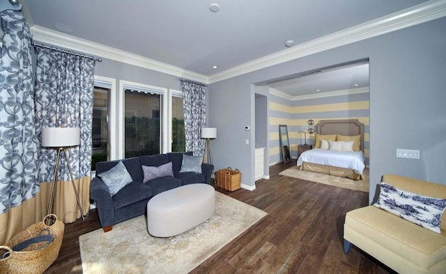 bedroom featuring dark hardwood / wood-style floors and ornamental molding