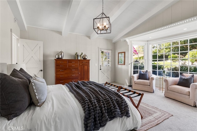 bedroom featuring carpet floors, vaulted ceiling with beams, and an inviting chandelier