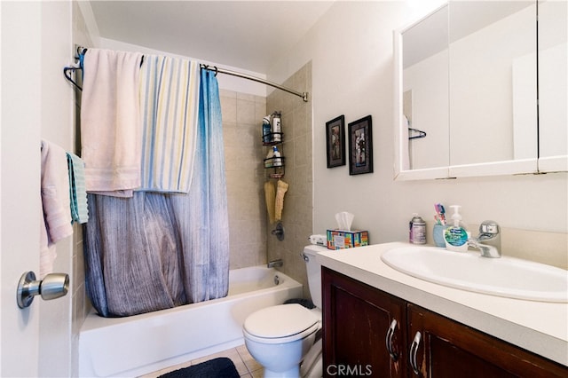 full bathroom featuring shower / tub combo, tile patterned flooring, vanity, and toilet