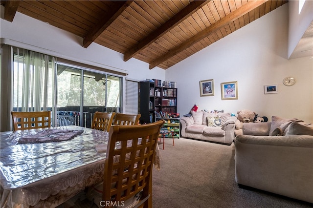 carpeted dining area with wood ceiling, beam ceiling, and high vaulted ceiling