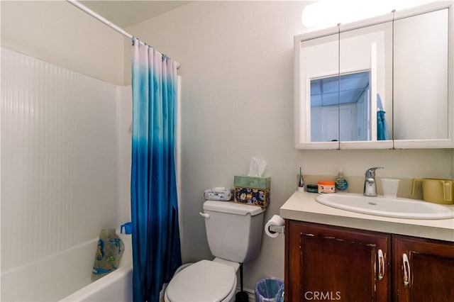 full bathroom with vanity, toilet, and shower / bathtub combination with curtain