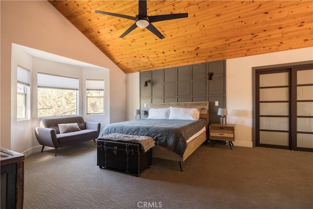 bedroom with high vaulted ceiling, dark carpet, ceiling fan, and wood ceiling