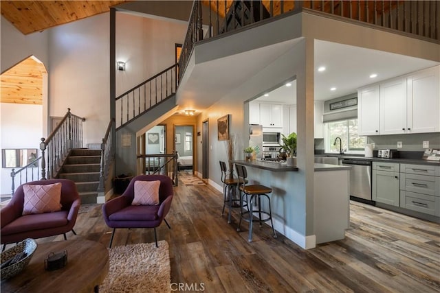 kitchen with white cabinets, high vaulted ceiling, dark hardwood / wood-style floors, and appliances with stainless steel finishes