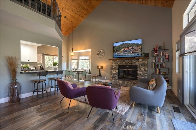 living room featuring dark wood-type flooring, a fireplace, high vaulted ceiling, and wood ceiling